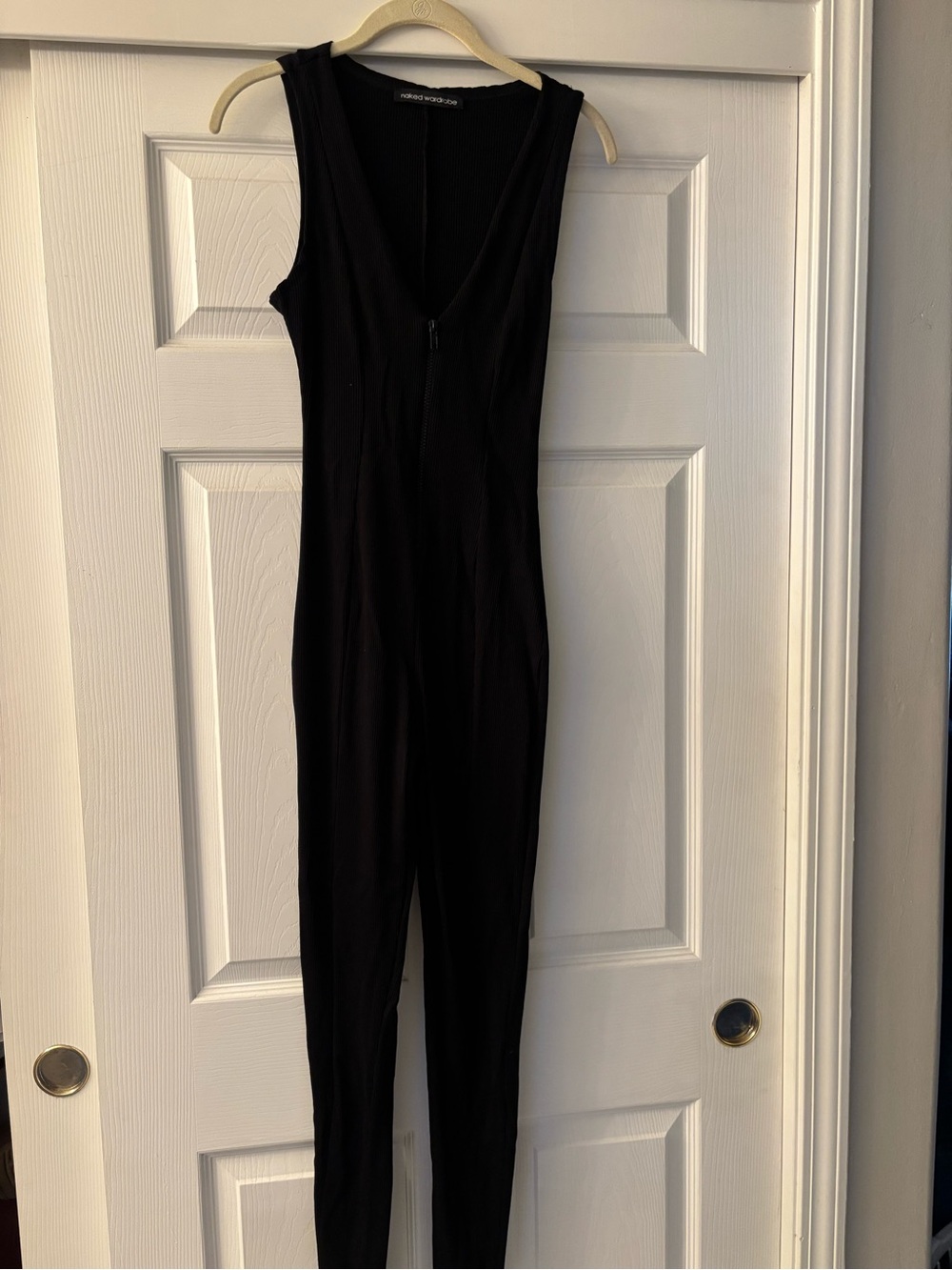 naked wardrobe Black Sleeveless V-Neck Jumpsuit with Front Zip